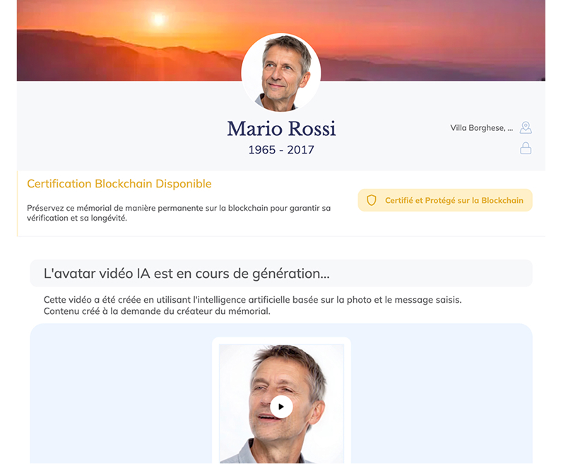 Interface du mémorial avec avatar intégré